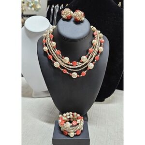 Vintage Faux Pearl Coral Multi Strand Necklace Bracelet Earrings Set Gold Tone